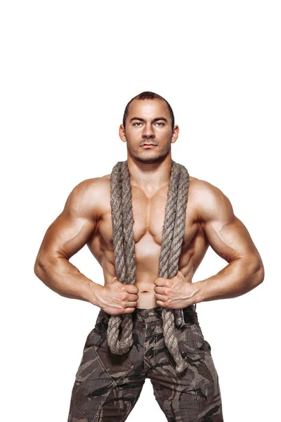 One Handsome Sexual Strong Young Man Muscular Body Holding Rope — Stockfoto