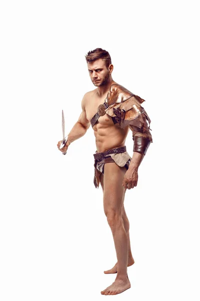 Portrait Handsome Muscular Gladiator Sword Isolated Studio Shot White Background — Foto de Stock