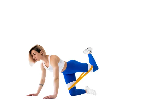 Sexy Woman Sportswear Using Resistance Band Her Exercise Routine Young — Stock Photo, Image