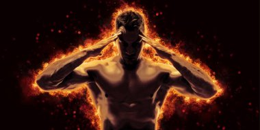 Brutal strong athletic Bodybuilder posing. Fire and spark explosion in the background. Bodybuilding and healty life concept. 