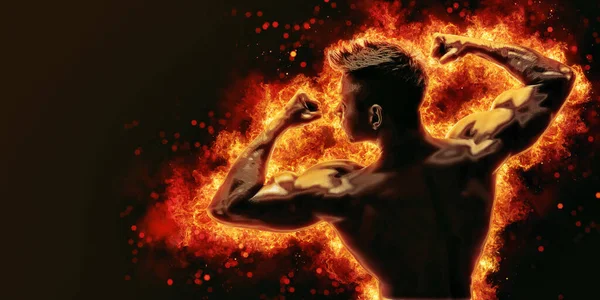 Brutal Strong Athletic Bodybuilder Posing Fire Spark Explosion Background Bodybuilding — Stok fotoğraf