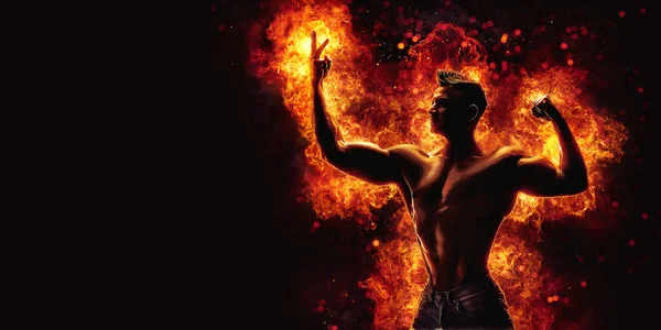 Brutal Strong Athletic Bodybuilder Posing Fire Spark Explosion Background Bodybuilding Stockbild