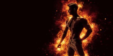 Brutal strong athletic Bodybuilder posing. Fire and spark explosion in the background. Bodybuilding and healty life concept. 