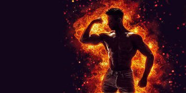Brutal strong athletic Bodybuilder posing. Fire and spark explosion in the background. Bodybuilding and healty life concept. 