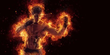 Fighter man in fire. Sport advertising. MMA boxer. 