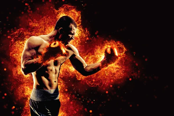 Fighter man in fire. Sport advertising. MMA boxer.