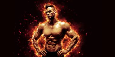 Brutal strong athletic Bodybuilder posing. Fire and spark explosion in the background. Bodybuilding and healty life concept.