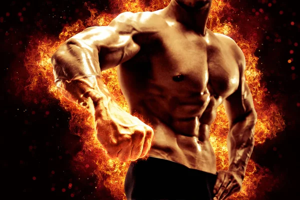 Brutal Strong Athletic Bodybuilder Posing Fire Spark Explosion Background Bodybuilding — Stock Fotó
