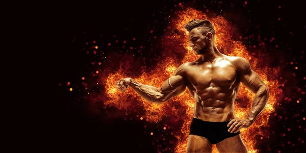 Brutal Strong Athletic Bodybuilder Posing Fire Spark Explosion Background Bodybuilding — Stock Fotó