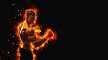 Fighter man punching in fire. 