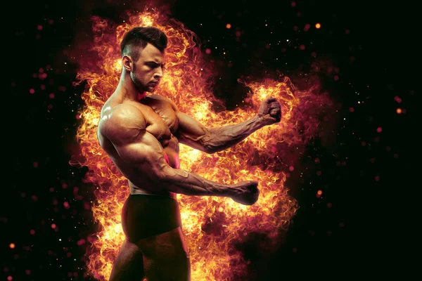 Brutal Strong Athletic Bodybuilder Posing Fire Spark Explosion Background Bodybuilding — Foto de Stock