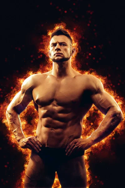 Brutal Strong Athletic Bodybuilder Posing Fire Spark Explosion Background Bodybuilding — ストック写真