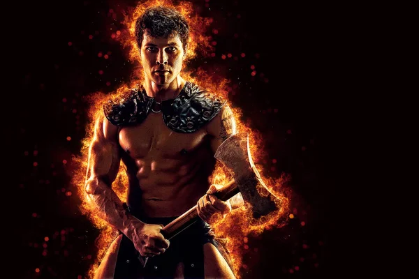 Portrait Burning Barbarian Naked Torso Who Posing Holding Axe Dark — Stok fotoğraf