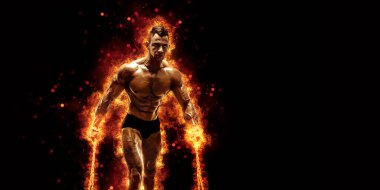 Body builder with fit torso belly chest and arms biceps triceps muscles holding chain while posing over the black background with fire. Bodybuilding concept.