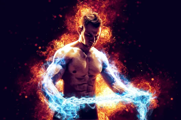 Muscular Man Naked Torso Holding Electric Energy Chain Isolated Dark — Foto de Stock