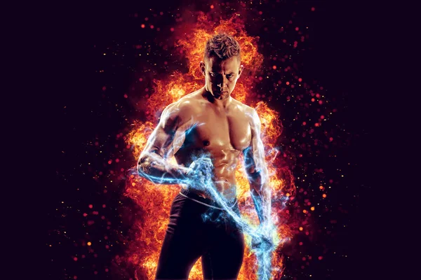 Muscular Man Naked Torso Holding Electric Energy Chain Isolated Dark — Foto de Stock