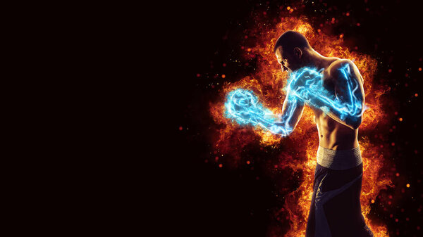 Boxing and fitness concept. Boxer man fighting or posing in gloves on black background with fire. Individual sports recreation. Energy and power.