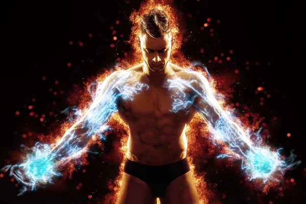 Brutal Strong Athletic Bodybuilder Posing Fire Spark Explosion Background Bodybuilding — Foto de Stock