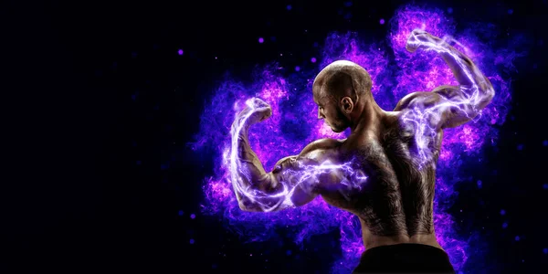 Muscular Body Builder Lifting Weight Energy Lights Biceps Concept High — Stok fotoğraf