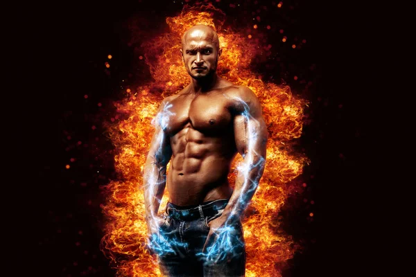 Brutal Strong Athletic Bodybuilder Posing Fire Spark Explosion Background Bodybuilding — Stock Fotó