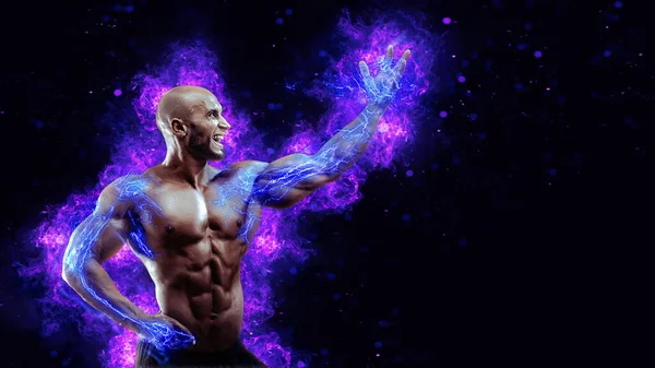 Muscular Body Builder Flexing His Muscles Energy Lights Hands Concept — Stockfoto