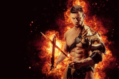 Knight with burning sword. High quality photo