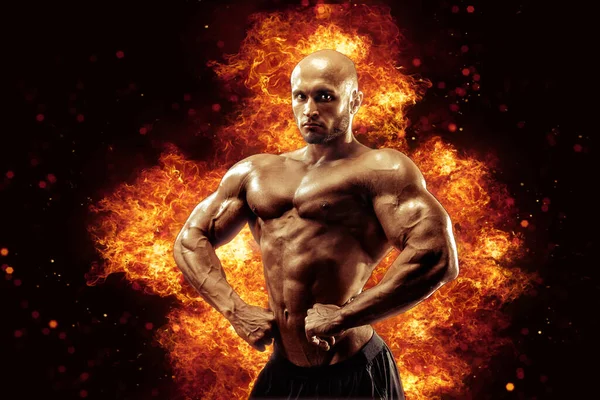 Brutal Strong Athletic Bodybuilder Posing Fire Spark Explosion Background Bodybuilding — Foto Stock