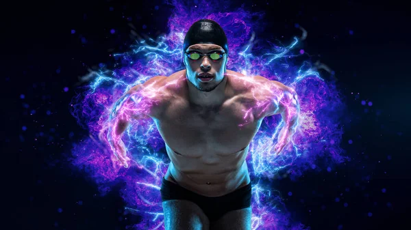 Çekici Kaslı Yüzücü Suya Atlamaya Hazır Siyah Arka Planda Genç — Stok fotoğraf