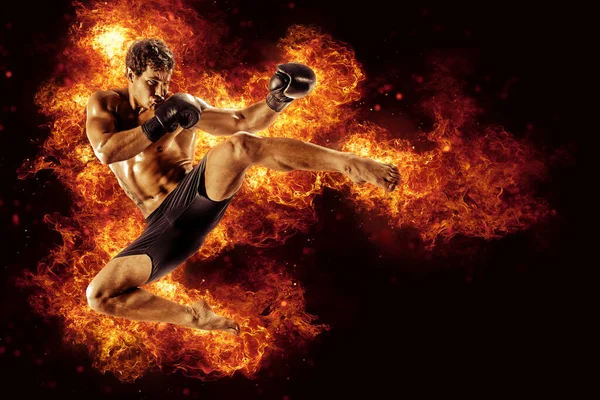 Fighter Man Punching Fire Mma Fighter — 图库照片