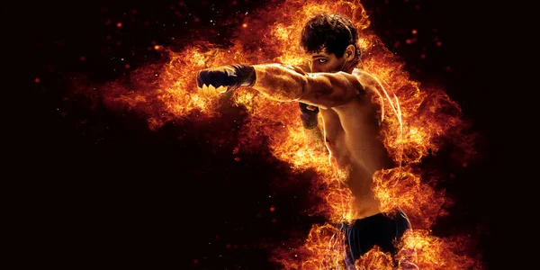 Fighter Man Punching Fire Mma Fighter — 图库照片