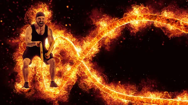 Muscular Man Working Out Battle Ropes Flame Background — 图库照片