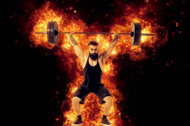 Spor salonunda halteri kaldıran bir sporcunun portresi. Spor ve sağlıklı yaşam tarzı kavramı. Karışık ortam. 