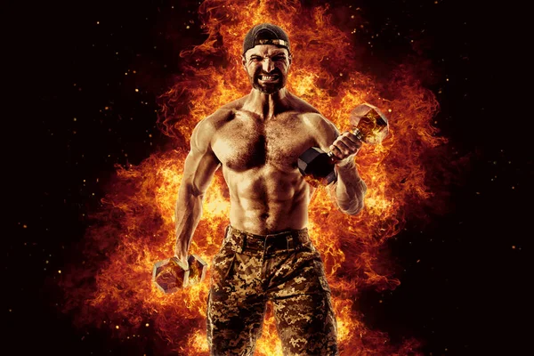 Bodybuilding Concept Brutal Strong Muscular Bodybuilder Athletic Man Pumping Muscles — Foto de Stock