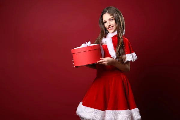 Beautiful Little Girl Festive Costume Hold Gift Box Christmas Decoration — стоковое фото