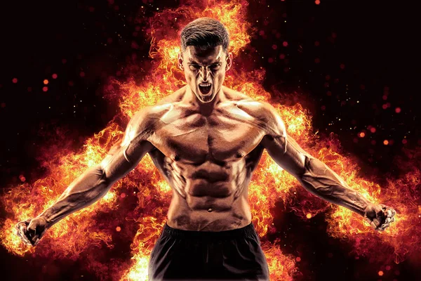 Bodybuilder Poseert Achtergrond Van Vlammen Hoge Kwaliteit Foto — Stockfoto
