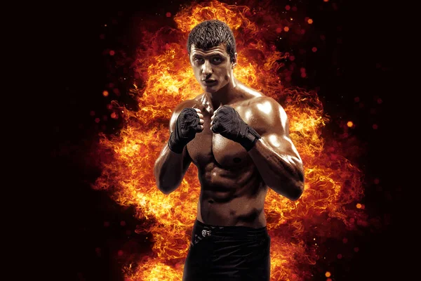 Fighter Man Punching Fire — 图库照片