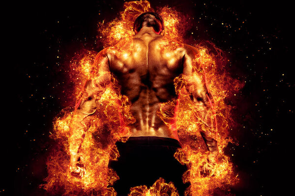 Burning muscular male bodybuilder back.