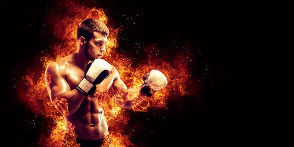 Fighter Man Punching Fire — 图库照片