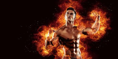 Yangın arka planında poz veren vücut geliştirici. Yüksek kalite fotoğraf