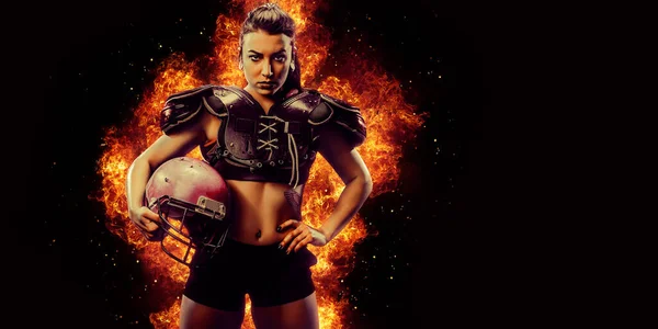 Burning American football player woman on dark background with space for text.