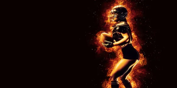 Burning American football player woman on dark background with space for text.