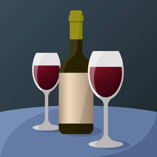 Deux verres avec du vin et une bouteille sont sur la table — Image vectorielle