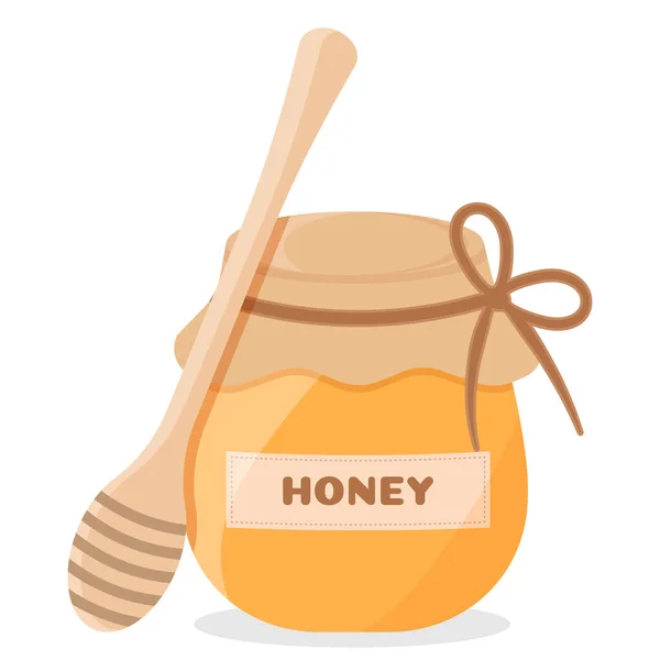Vasetto con miele e bastone isolato su fondo bianco — Vettoriale Stock