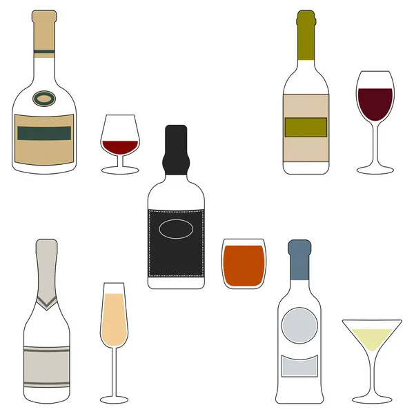 Contornos de garrafas e copos com álcool —  Vetores de Stock