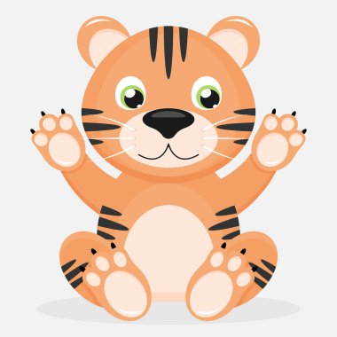 Beyaz arka planda yalnız oturan sevimli kaplan.