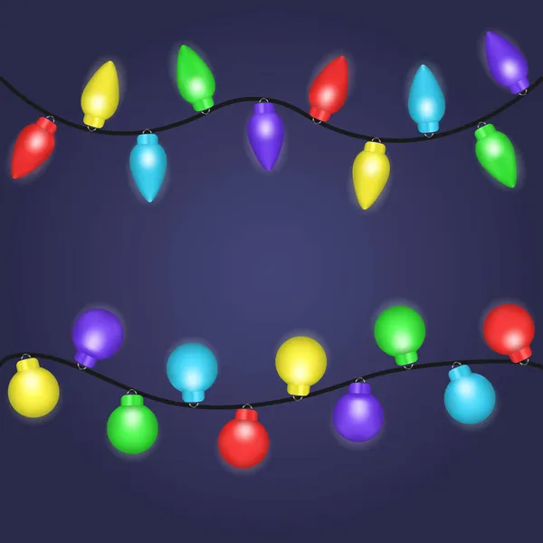 Guirnaldas brillantes multicolores de Navidad aisladas sobre fondo oscuro — Vector de stock