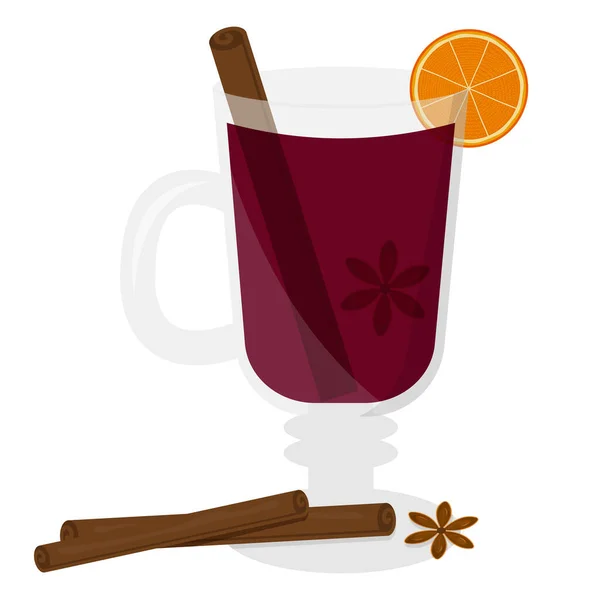 Mulled wine in a cup with cinnamon, orange and star anise — Stock Vector