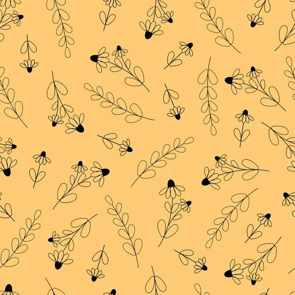 Nahtloses Muster mit Umrissen von Kamille und Zweigen auf gelbem Hintergrund — Stockvektor