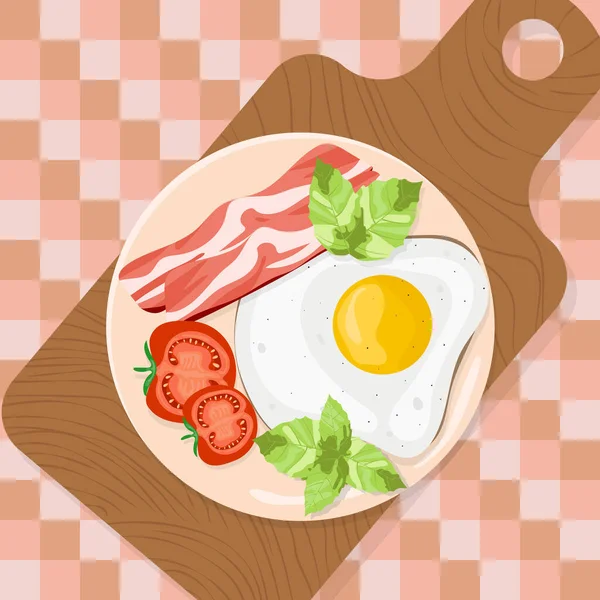 Ovos fritos com bacon e tomate no café da manhã. — Vetor de Stock