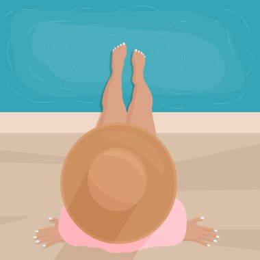 Şapkalı kız havuzun kenarında oturuyor. Vektör illüstrasyonu